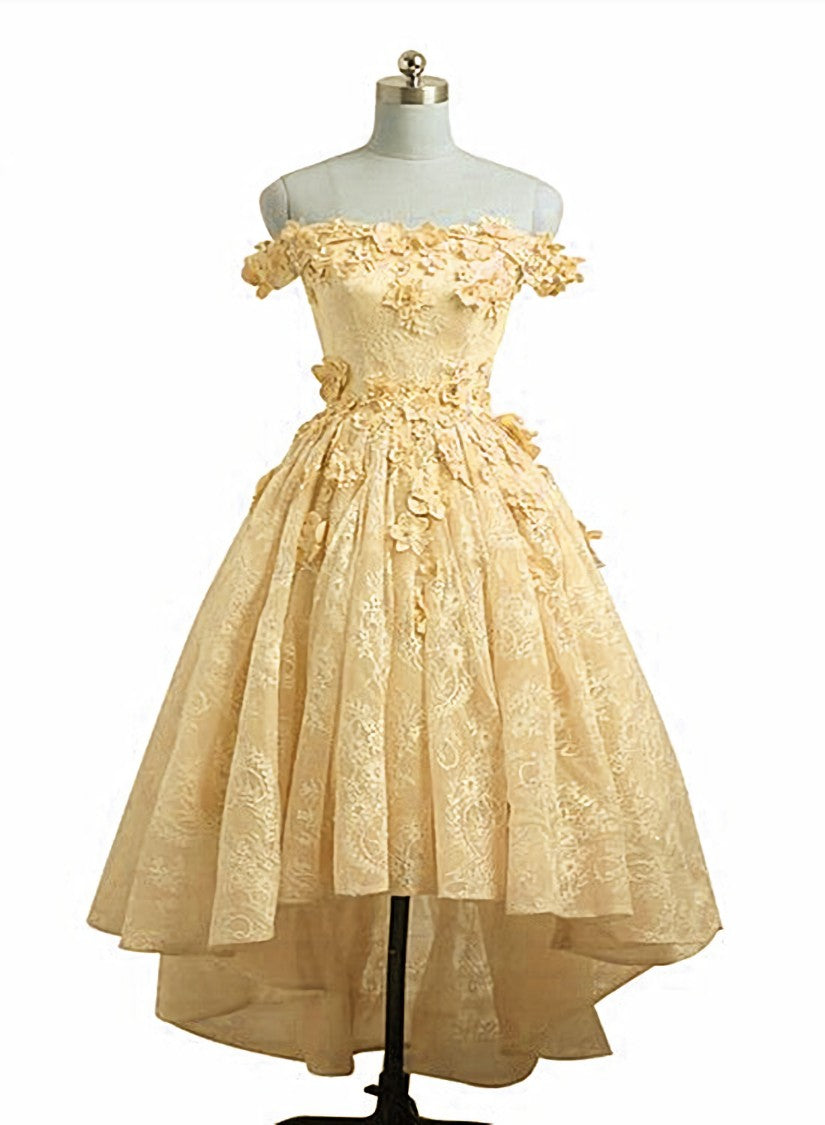 Lovely Yellow Off Shoulder Lace High Low Party Dress Outfits For Girls, Yellow Formal Dress