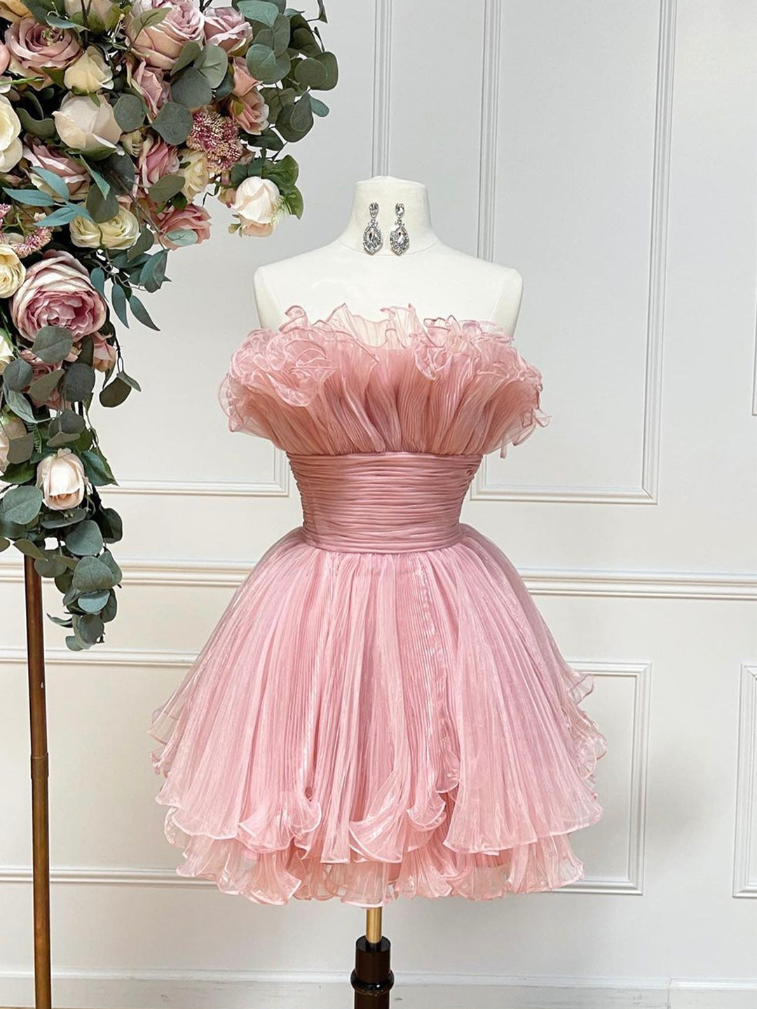 Pink Strapless Tulle Short Prom Dress, Cute A-Line Homecoming Dress