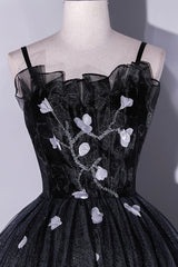 Black Tulle Long A-Line Evening Gown, Black Spaghetti Strap Evening Gown