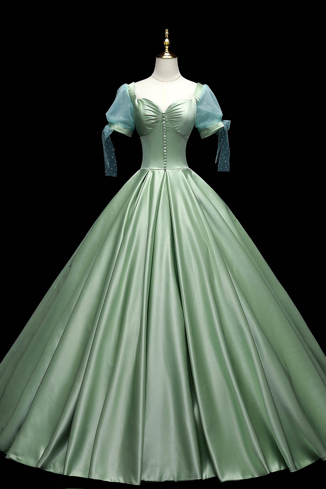 Green Satin Long A-Line Ball Gown, Green Short Sleeve Evening Gown
