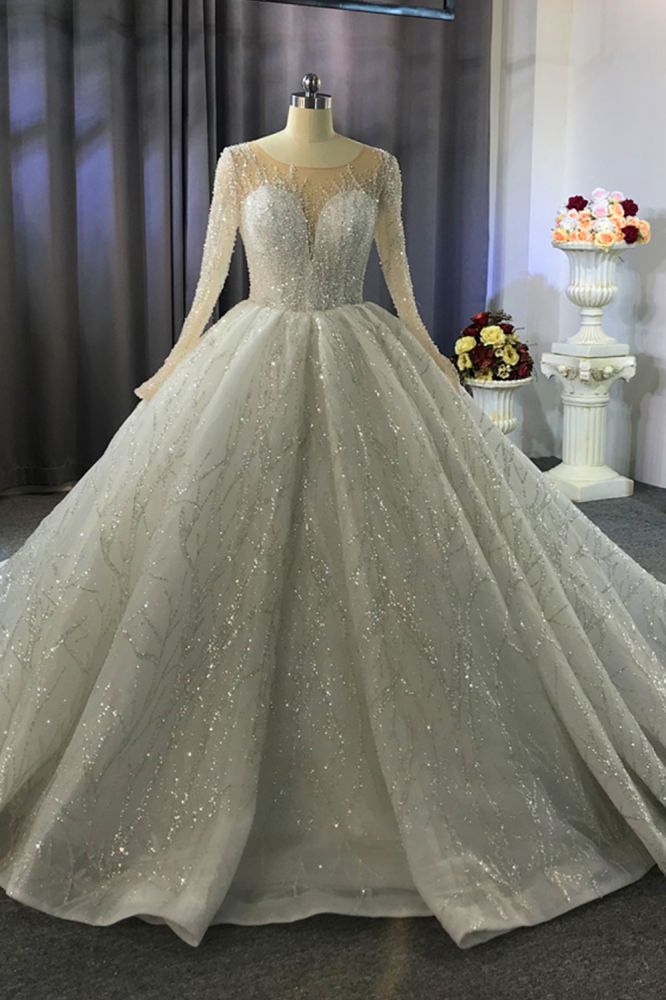 Luxurious Ball Gown Long Sleeves Crystal Beading Wedding Dress Outfits For Women A line Classic