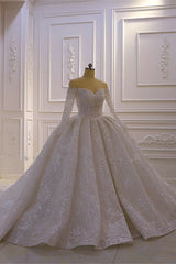 Luxurious Ball Gown Long Sleevess 3D Lace Sweetheart Long Wedding Dresses