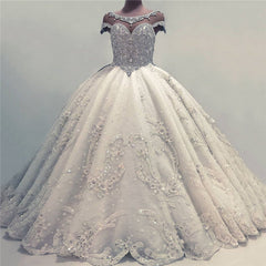 Luxurious Ball Gown Wedding Dresses Shiny Crystals Bridal Gowns with Flowers