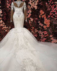 Luxurious Crystals Mermaid Bridal Gowns Long Sleevess Chapel Train Wedding Dresses