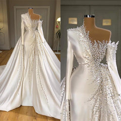 Luxurious Long Sleeve Pearls Overskirt Wedding Dress Online