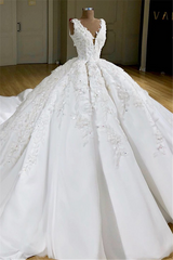 Luxurious V Neck Appliques Princess Ball Gown Delicate Wedding Dress