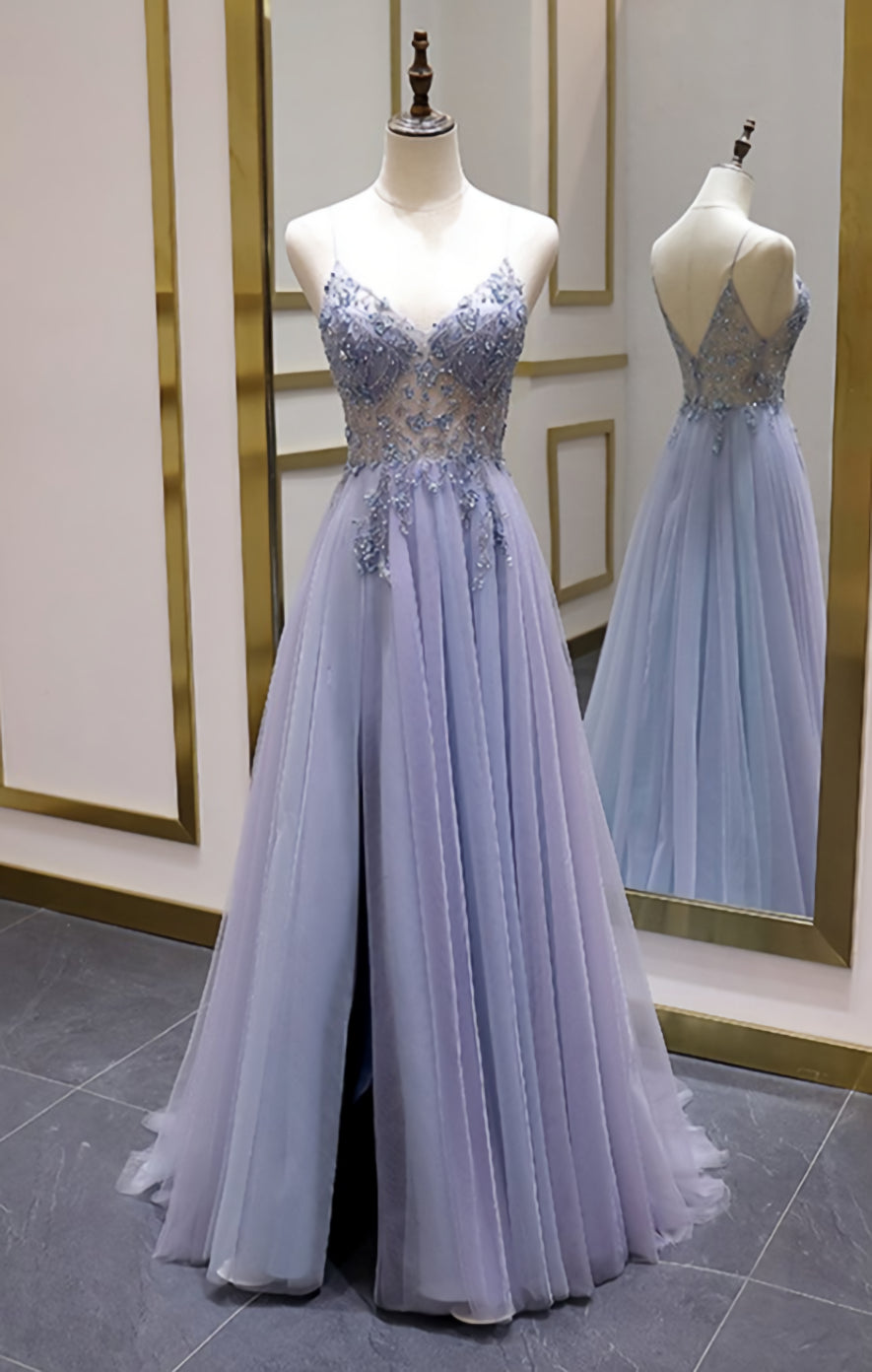 Luxury Beaded A Line Spaghetti Straps Long Prom Dresses For Black girls For Women,Split Tulle Evening Party Dress