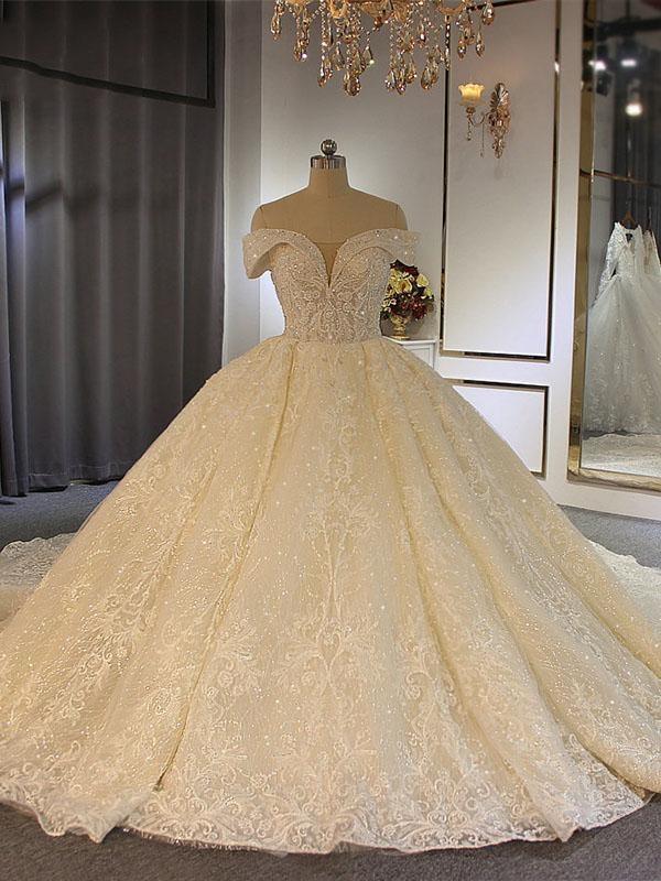 Luxury Long Ball Gown Off-the-Shoulder Lace Tulle Wedding Dresses For Black girls with Beading