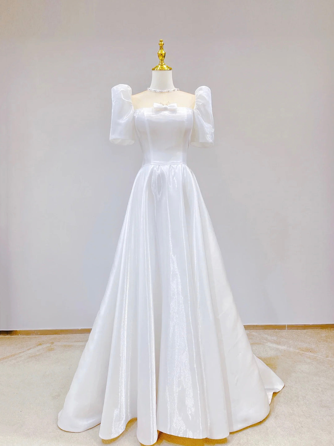White Satin Short Sleeve Floor Length Prom Dress, White A-Line Party Dress