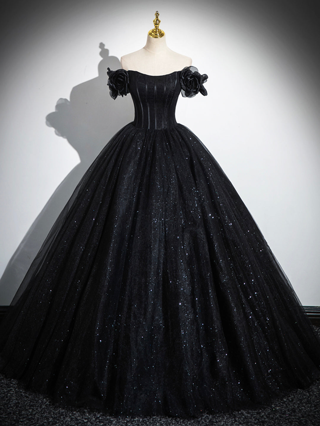 Sparkly Tulle Black Sweetheart Ball Gown, A-Line Off the Shoulder Evening Dress