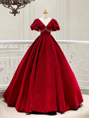 Burgundy Velvet V-Neck Long Formal Dress, A-Line Short Sleeve Evening Party Dress