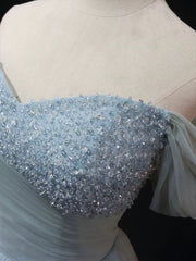 Dusty Blue Tulle Beaded Long Prom Dress, Off the Shoulder A-Line Evening Party Dress
