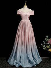 Pink Gradient Shiny Floor Length Prom Dress, Off Shoulder A-Line Evening Party Dress