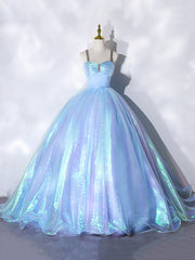 Beautiful  Shiny Blue Tulle Long Formal Dress, A-Line Spaghetti Strap Sweetheart Princess Dress
