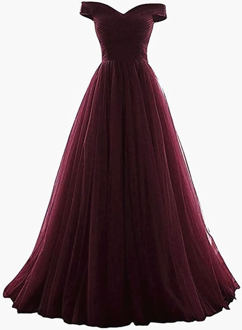 Maroon Off Shoulder Bridesmaid Dress Outfits For Women Long, Simple Tulle Dress