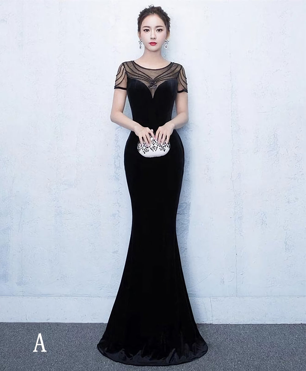 Mermaid Round Neck Velvet Long Prom Dress, Evening Dress
