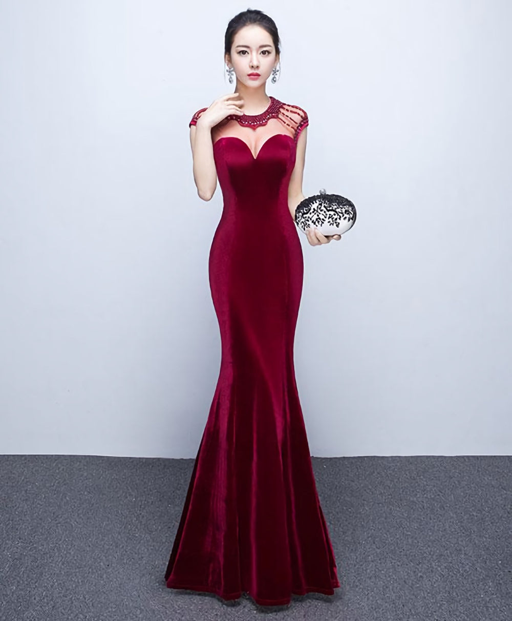 Mermaid Round Neck Velvet Long Prom Dress, Evening Dress