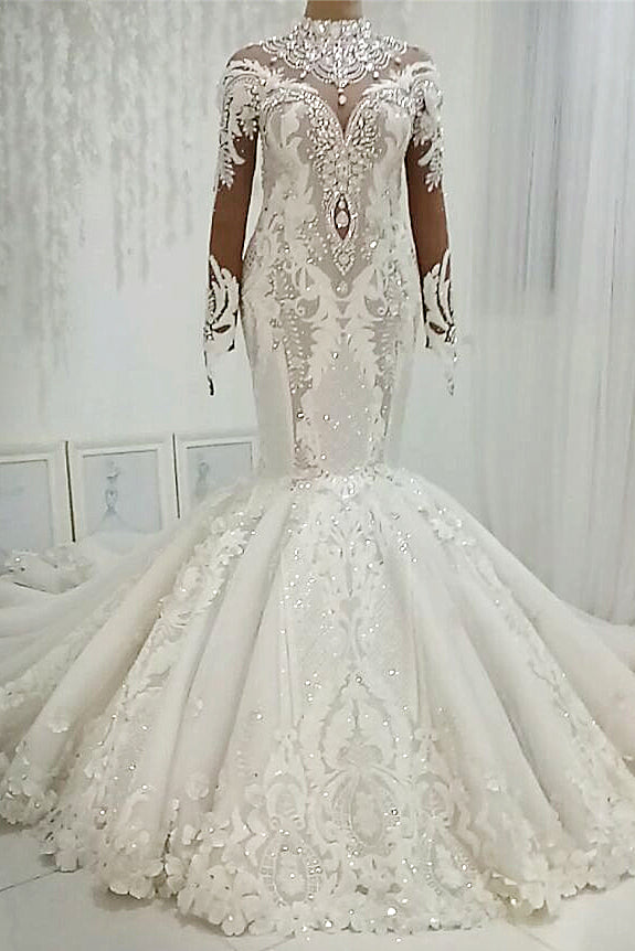 Mermaid High Collar Floor Length Tulle Applique Paillette Wedding Dress