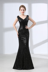 Mermaid Long V Neck Black Sequined Sheer Back Prom Dresses