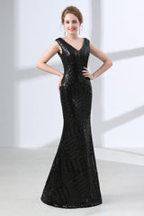Mermaid Long V Neck Black Sequined Sheer Back Prom Dresses