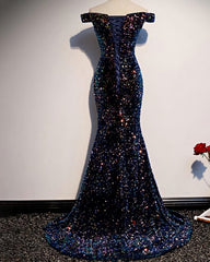 mermaid navy blue sequins evening dress with off the shoulder top prom dress formal dress