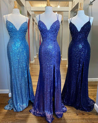 Mermaid Purple Sequins Long Prom Dress Outfits For Women with Slit,Navy Blue Evening Party Gowns