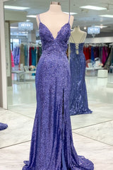 Mermaid Purple Sequins Long Prom Dress Outfits For Women with Slit,Navy Blue Evening Party Gowns