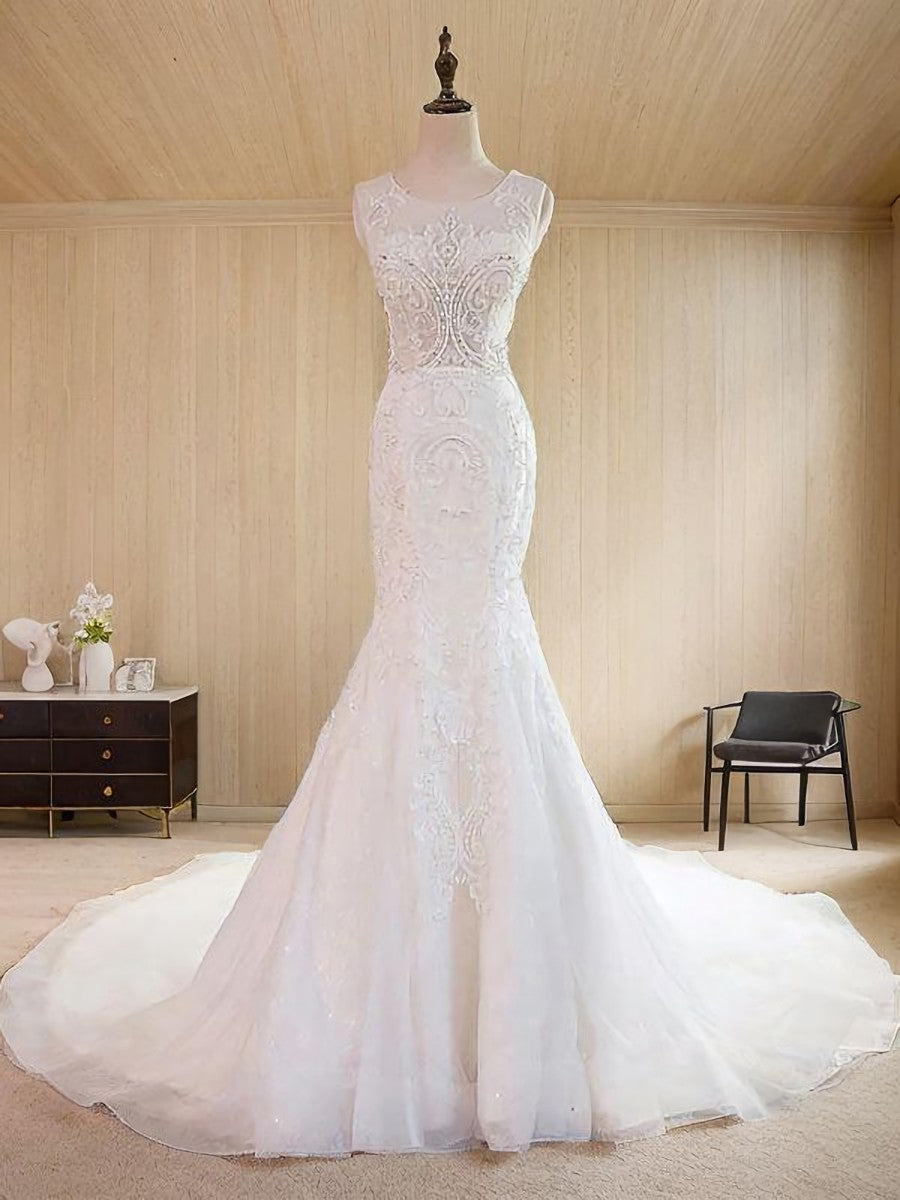 Mermaid Scoop Appliques Lace Sweep Train Tulle Wedding Dress