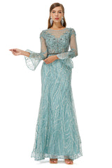 Mermaid Tulle Beading Long Sleeve Prom Dresses