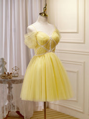 Mini/Short Yellow Prom Dresses For Black girls For Women, Yellow Cute Homecoming Dress Outfits For Women With Beading Lace