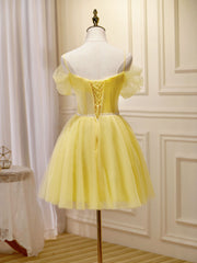 Mini/Short Yellow Prom Dresses For Black girls For Women, Yellow Cute Homecoming Dress Outfits For Women With Beading Lace