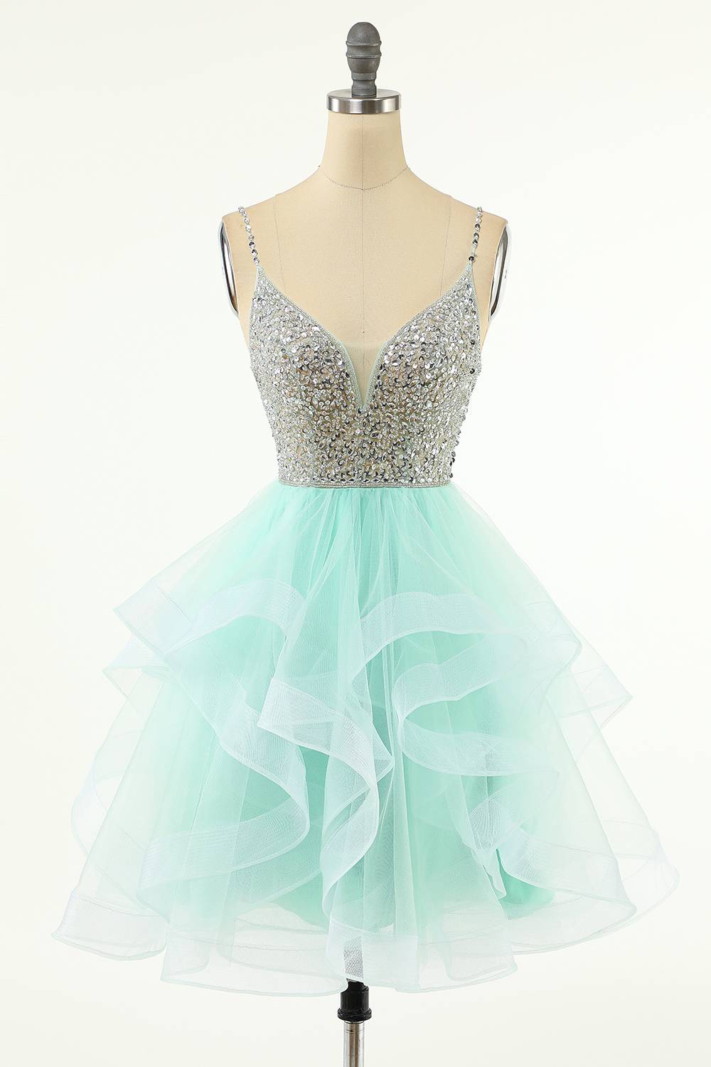 Mint Green Beaded Layered Tulle Homecoming Dress