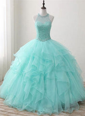 Mint Green Organza and Beaded Long Sweet 16 Dress Outfits For Girls, Handmade Formal Dress
