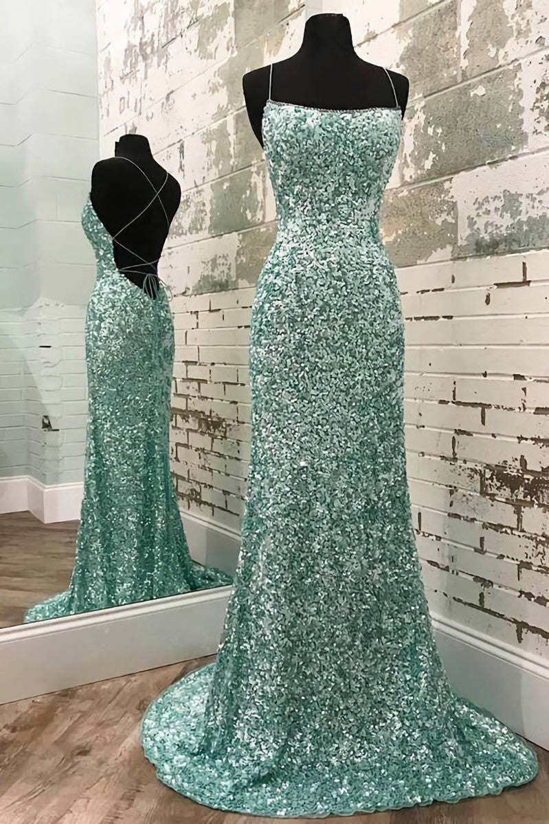 Mint Green Sparkly Mermaid Prom Dress Outfits For Girls,Long Backless Evening Dresses