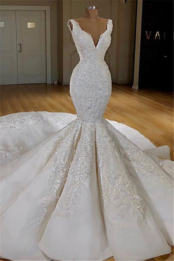Modern Mermaid Lace Wedding Dresses For Black girls Online Straps Luxurious Bridal Gowns with Long Train