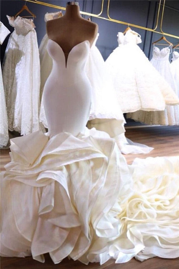 Modern Strapless Mermaid Ivory Wedding Dresses For Black girls Tiered Ruffless Satin Bridal Gowns with Cathedral Train