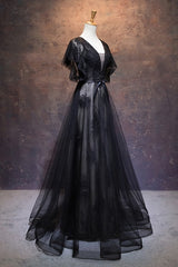 Modest Black Long A-line V-neck Black Prom Dresses For Black girls Chic Party Dress