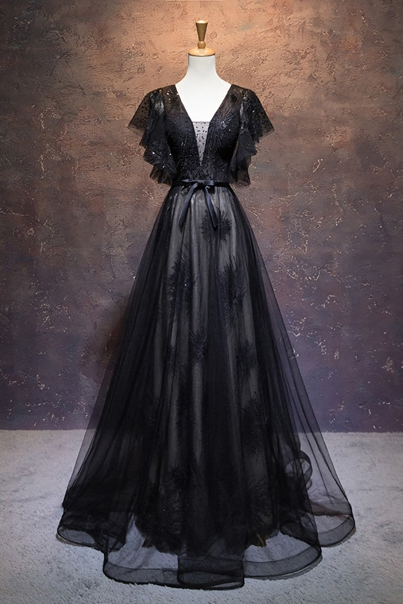 Modest Black Long A-line V-neck Black Prom Dresses For Black girls Chic Party Dress