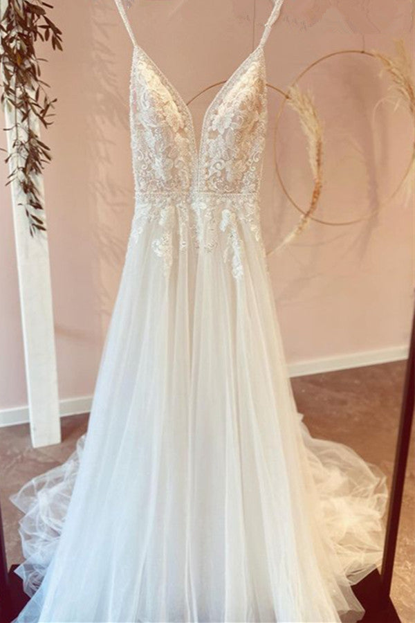 Modest Long A-line V-neck Spaghetti Straps Tulle Wedding Dress Outfits For Women with Appliques Lace