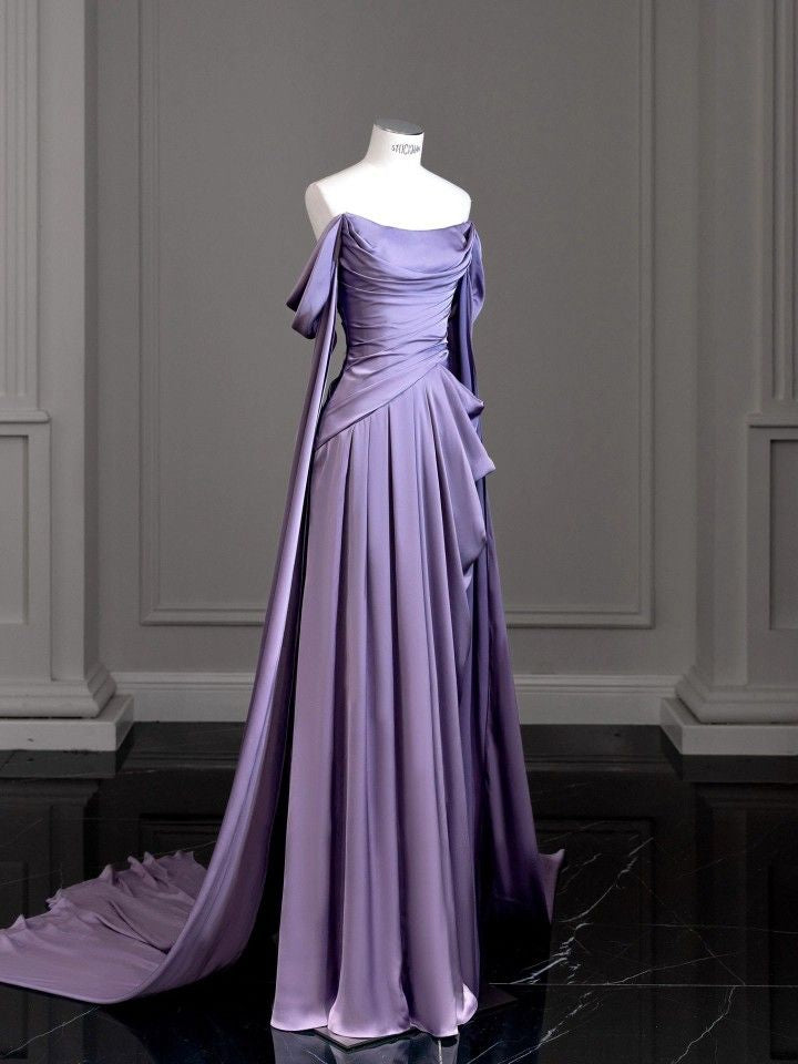 Modest Purple Satin Long Prom Dress Outfits For Girls,Purple Evening Dress