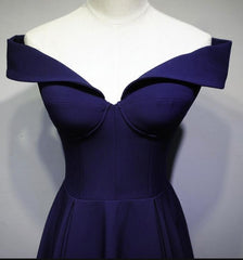 Navy Blue A-line Spandex Long Prom Dress Outfits For Girls, Off Shoulder Bridesmaid Dress