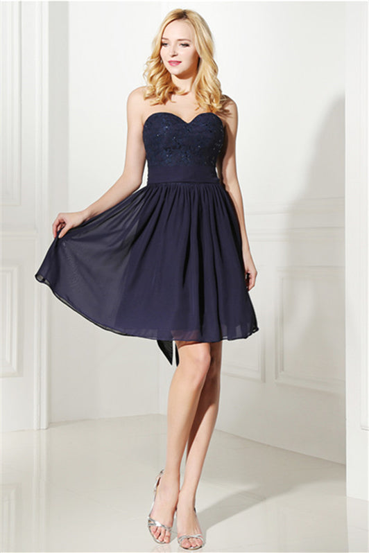 Navy Blue Chiffon Sweetheart Lace Beading Short Homecoming Dresses