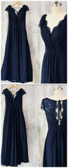 Navy Blue Chiffon with Lace A-line Long Bridesmaid Dress Outfits For Girls, Wedding Party Dress