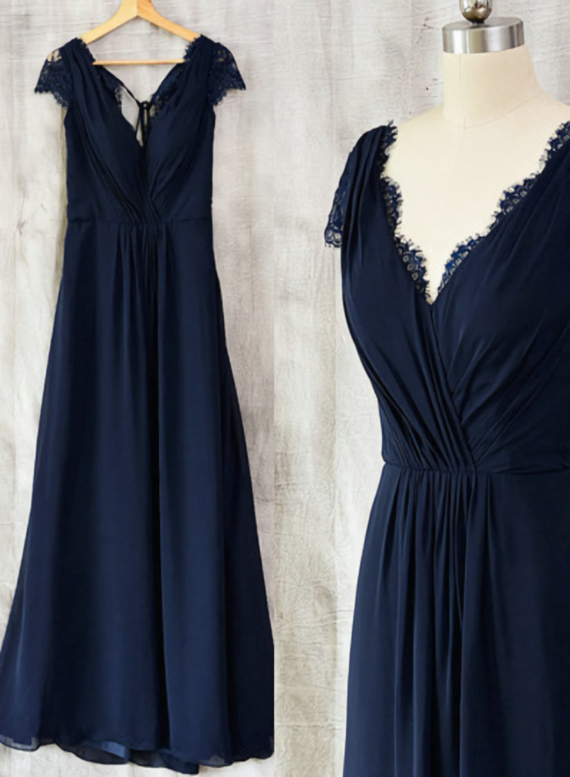 Navy Blue Chiffon with Lace A-line Long Bridesmaid Dress Outfits For Girls, Wedding Party Dress