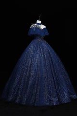 Navy Blue High Neckline Tulle with Lace Formal Dress Outfits For Girls, Navy Blue Ball Gown Sweet 16 Dress