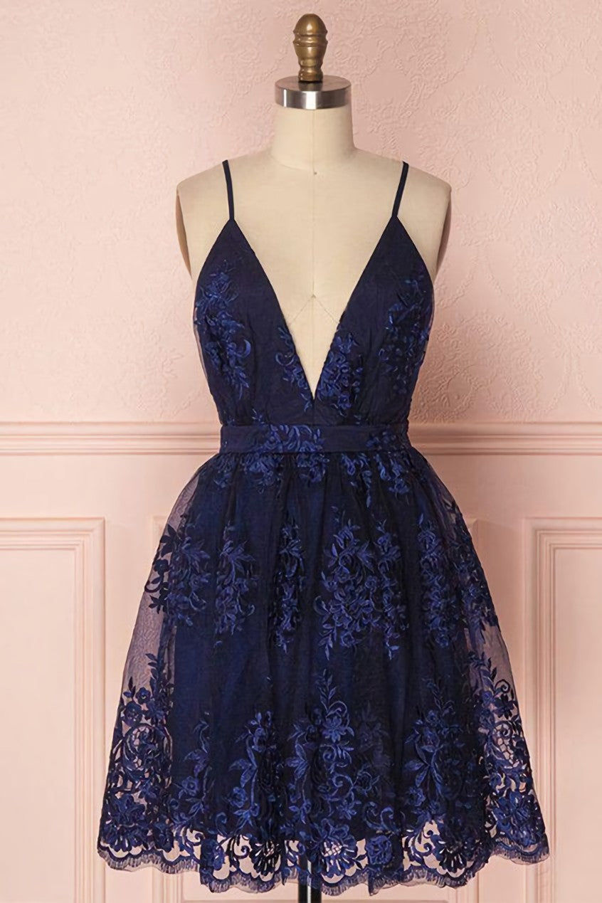 Navy Blue Homecoming Dress Outfits For Girls, Homecoming Dress Outfits For Women with Appliques