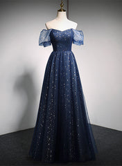 Navy Blue Long Off Shoulder A-line Prom Dress Outfits For Girls, Blue Formal Dress