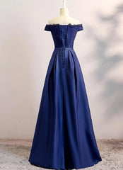 Navy Blue Satin Long Party Dress Outfits For Women , Long Bridesmaid Dresses