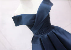 Navy Blue Satin Off Shoulder Bridesmaid Dress Outfits For Women Party Dress Outfits For Girls, Short Prom Dress