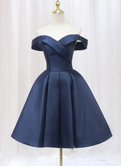 Navy Blue Satin Off Shoulder Knee Length Party Dress Outfits For Girls, Navy Blue Homecoming Dress